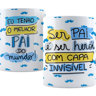 Canecas brancas com padrão de bigodes azuis e frases em português para o Dia do Pai.