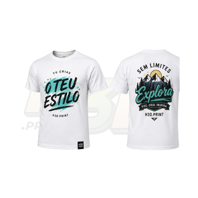 T-shirts brancas com estampados coloridos e textos inspiradores na frente e costas.