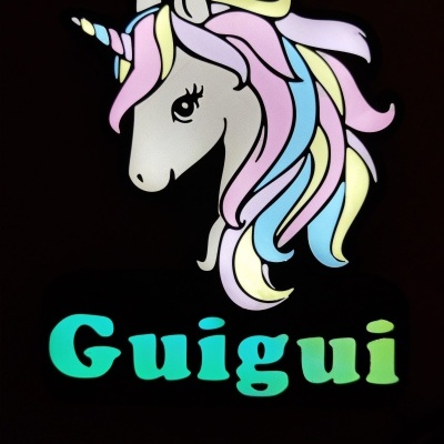 Desenho de unicórnio colorido com texto 'Guigui'