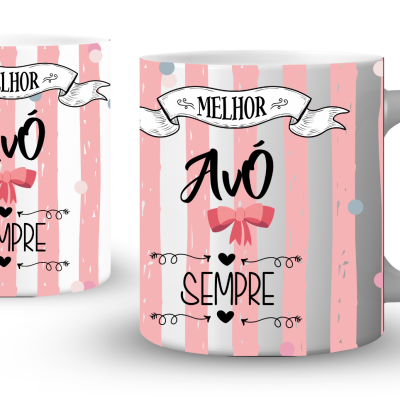 Duas canecas brancas decoradas com riscas rosas e texto dedicado a avó