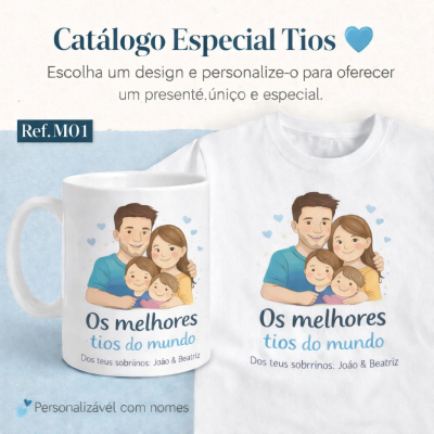Caneca e t-shirt brancas com design familiar personalizado e texto em português.