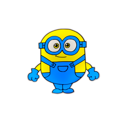 Figura em forma de minion amarelo com macacão azul sobre fundo branco