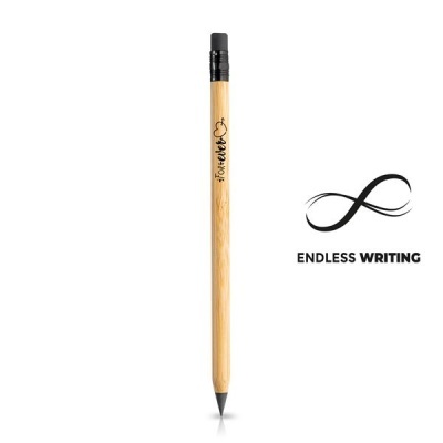 Lápis de madeira clara com borracha preta e texto Forever com símbolo de infinito e frase ENDLESS WRITING ao lado