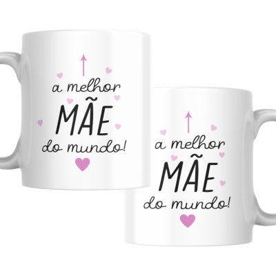 Duas canecas brancas com texto e corações rosa