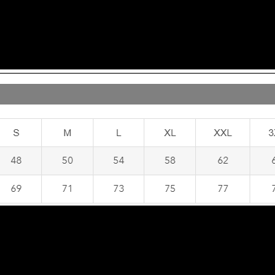 Tabela de guia de tamanhos com medidas de peito e comprimento