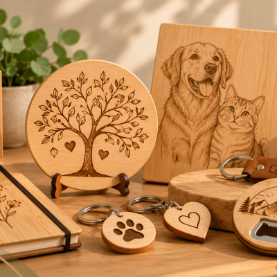Artigos de escritório e decoração em madeira com várias gravações a laser incluindo animais, plantas e padrões decorativos.