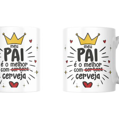 Canecas brancas com texto colorido e decoração de corações e coroa