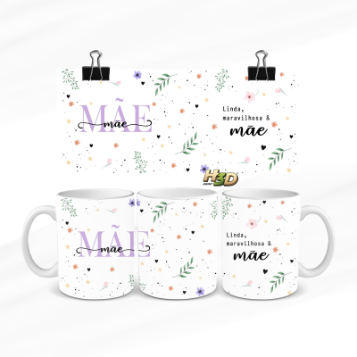 Canecas brancas com padrão floral colorido e texto dedicado à mãe