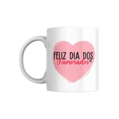 Caneca branca de cerâmica com estampa de coração rosa e texto em português.