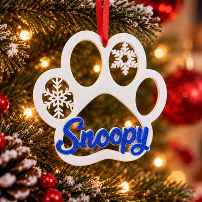 Enfeite de Natal pata branca com flocos de neve e nome Snoopy azul em árvore