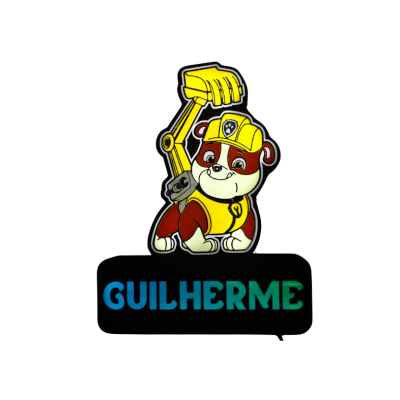 Adesivo ou íman infantil com cão em colete e capacete amarelo e texto GUILHERME