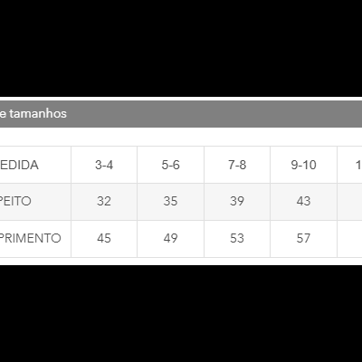 Guia de tamanhos com tamanhos e medidas de peito e comprimento para várias idades