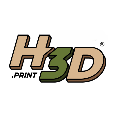Logótipo com as letras H3D coloridas em bege e verde e texto PRINT em preto