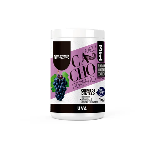 Creme de pentear Meu Cacho Perfeito 1kg uva em embalagem branca com rótulo lilás e imagem de uvas