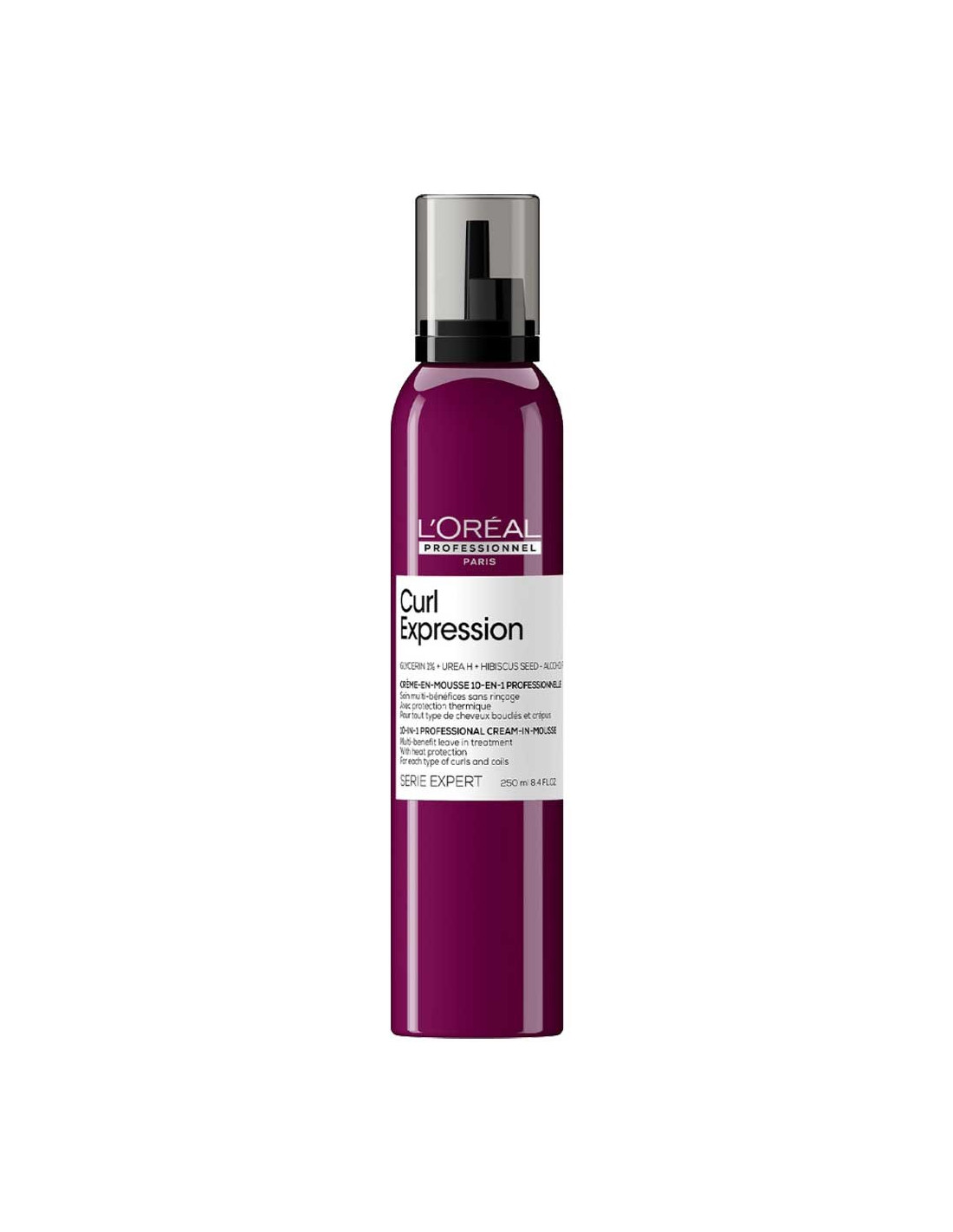 Mousse Creme 10 em 1 Curl Expression 230ml - L'Oreal Serie Expert Frasco roxo de espuma para cabelo L'Oréal Curl Expression com doseador preto