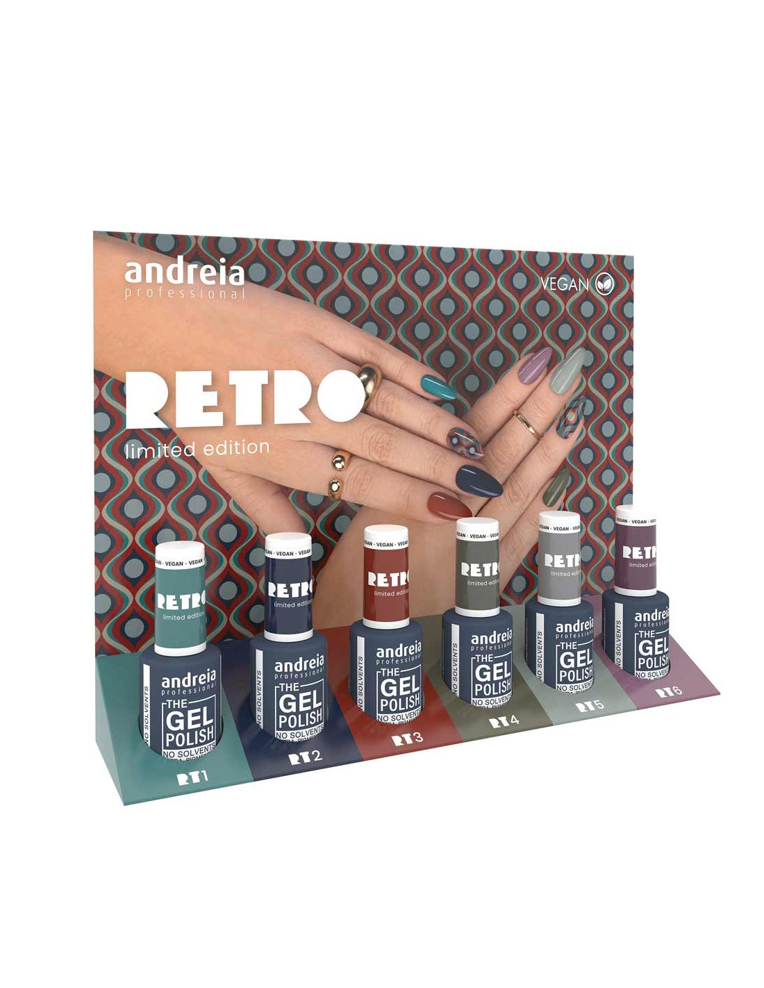The Gel Polish Andreia Professional Retro Collection Conjunto de vernizes de gel 'RETRO limited edition' da andreia com 6 cores e ilustração de unhas pintadas
