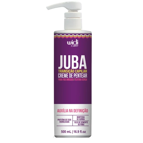 Widi Care Juba Transição Capilar Creme de Pentear Textura Densa 500ml Creme de pentear Widi Care Juba em embalagem branca com rótulo roxo e tampa de bomba