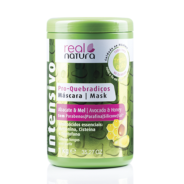 Real Natura MÁSCARA SEM SAL PRO-QUEBRADIÇOS ABACATE E MEL 1KG Máscara capilar Real Natura Intensive Pro-Quebradiços Abacate & Mel, embalagem verde
