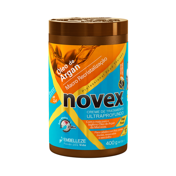 Novex Máscara Óleo de Argan 400g Frasco de creme de tratamento capilar Novex Argan com tampa castanha e rótulo azul e laranja