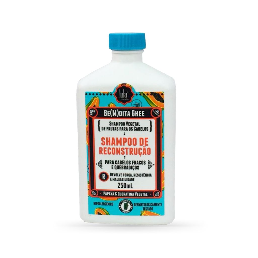 LOLA Be(M)dita Ghee Shampoo Reconstrução Papaya Queratina Vegetal 250ml Frasco de shampoo vegetal BE(M)DITA GHEE para reconstrução de cabelos com tampa azul