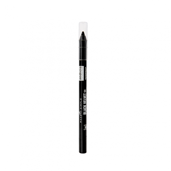 Andreia Makeup Black Velvet 12H Waterproof Eyeliner Lápis de olhos preto com tampa transparente sobre fundo branco