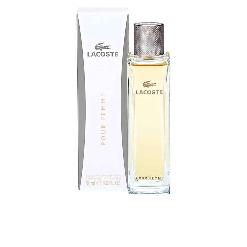 LACOSTE POUR FEMME eau de parfum vaporizador 90ml Frasco de perfume Lacoste Pour Femme com embalagem branca e tampa prateada