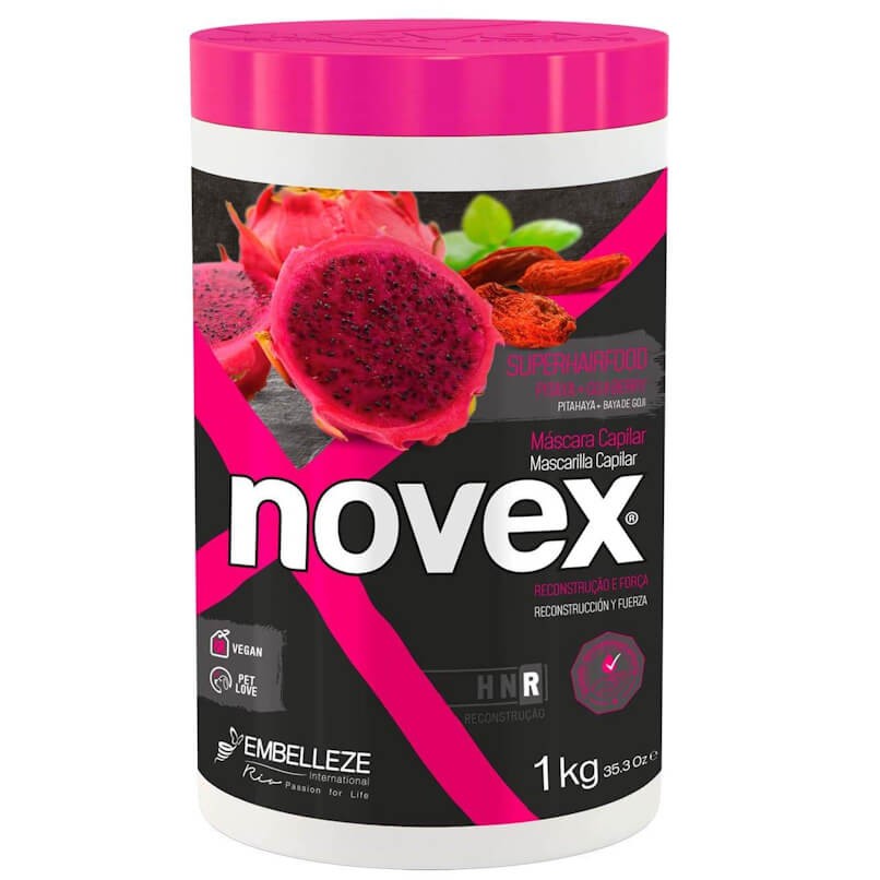 Máscara Novex Pitaya e Goji Berry 1Kg Máscara capilar Novex em embalagem branca e rosa com imagem de fruta do dragão