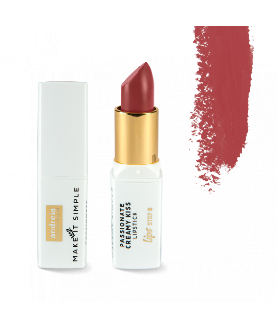 Andreia Lips PASSIONATE CREAMY KISS Lipstick 08 Pinot Noir Batom cremoso rosa antigo em embalagem branca com tampa removida e traço de cor ao lado