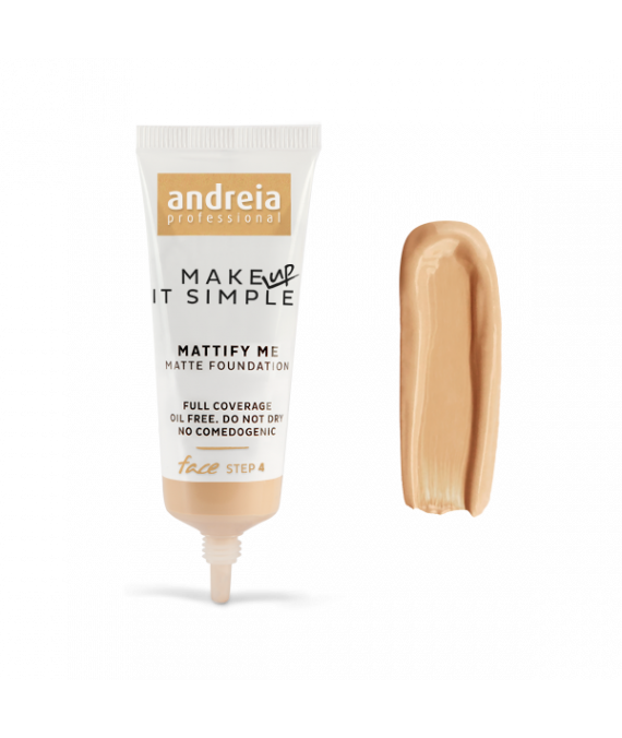 Andreia Face MATTIFY ME Matte Foundation 02 25ml Base de maquilhagem mate Andreia Professional em tubo branco com amostra líquida ao lado
