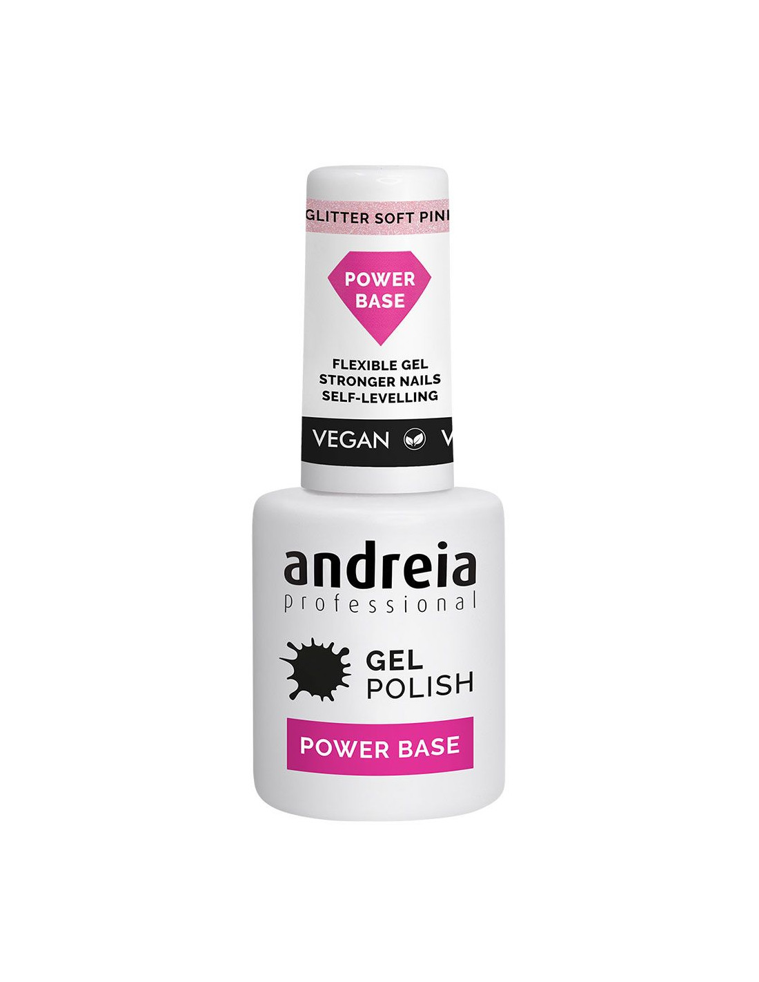 Verniz Gel Andreia Power Base - Glitter Soft Pink Frasco branco de verniz de gel Andreia professional com rótulo rosa e preto