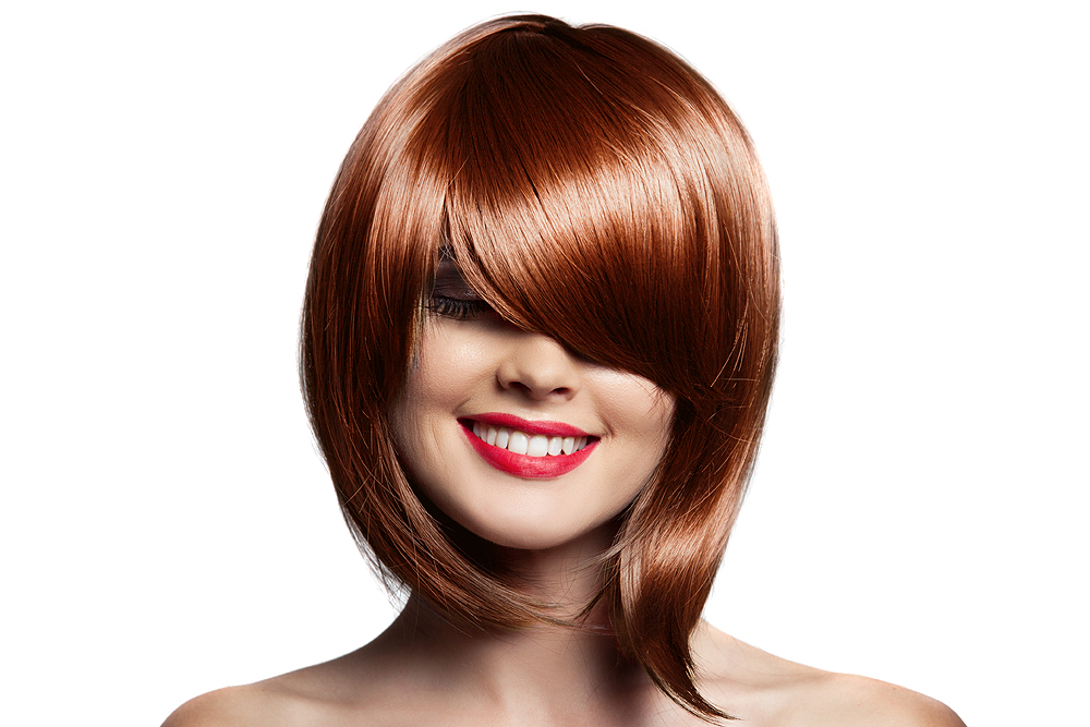 Kaycolor - Coloração 7.74 Creme Caramel 100ml Peruca castanho-avermelhado curta com franja longa