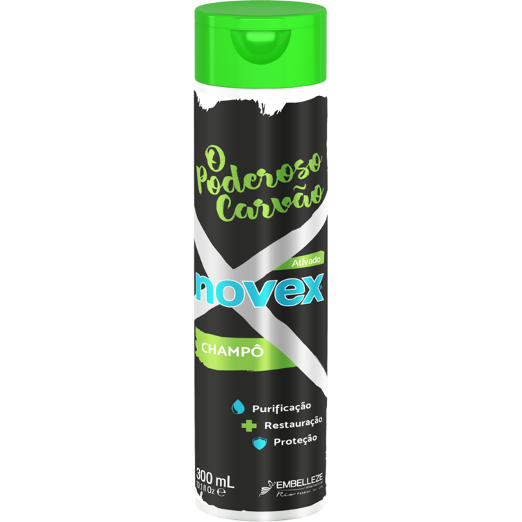 Novex Champô O Poderoso Carvão 300ml Frasco de champô preto com tampa verde e texto em verde, azul e branco