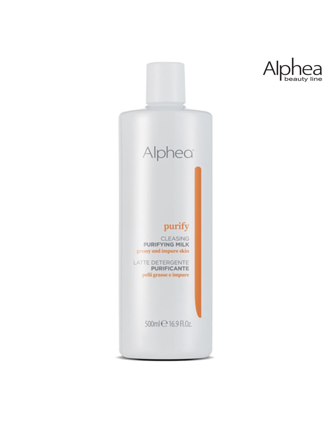 Leite Limpeza Purificante 500ml - Purify - Alphea Frasco branco de limpeza facial Alphea purify com texto em português e inglês