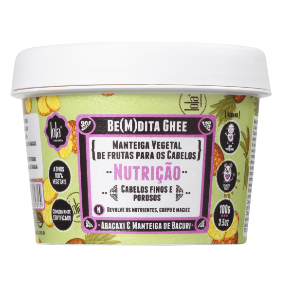 LOLA Be(M)dita Ghee Nutrição Abacaxi Manteiga de Bacuri 100g Frasco de manteiga vegetal para cabelos com tampa branca e etiqueta amarela e roxa