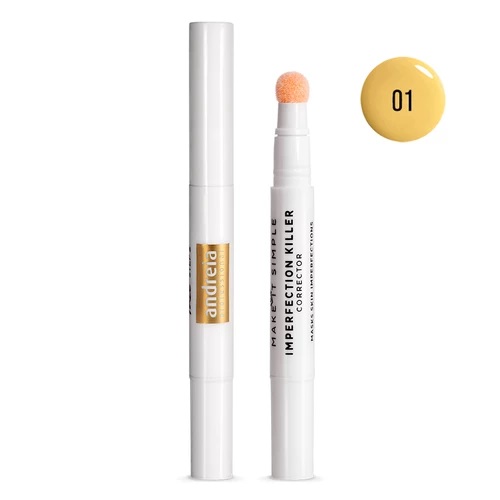 Andreia Imperfection Killer-Corrector 01 Corrector em bastão branco com aplicador esponjoso cor bege e texto 'IMPERFECTION KILLER'.