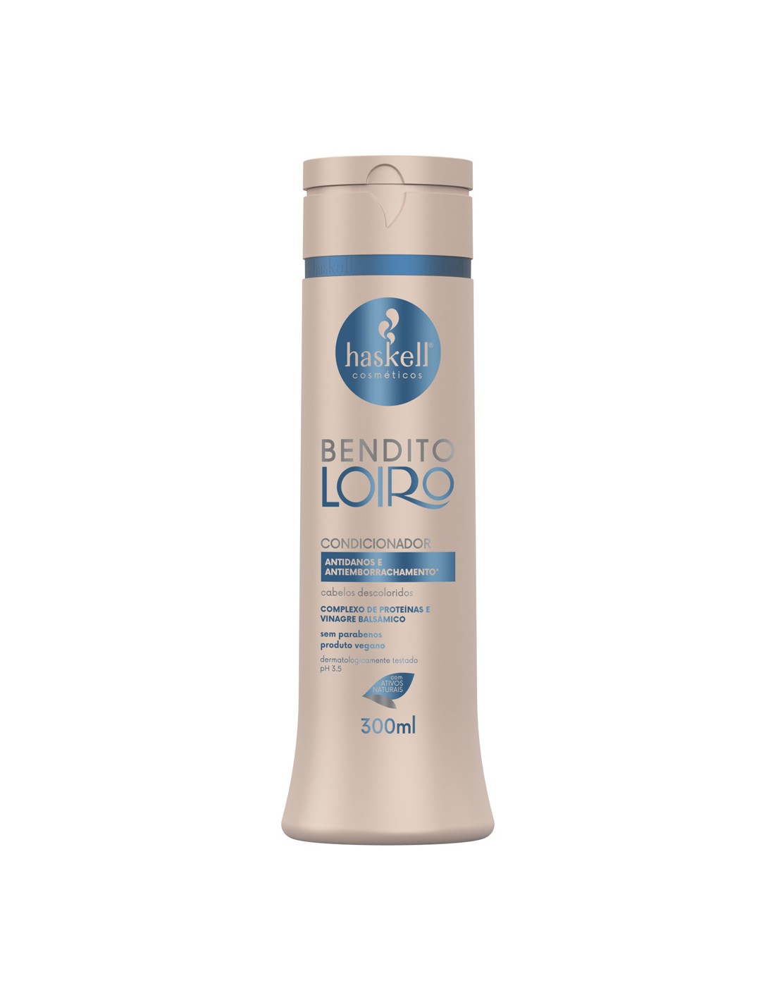 Bendito Loiro Condicionador 300ml - Haskell Frasco de condicionador Haskell Bendito Loiro 300 ml bege com detalhes azuis