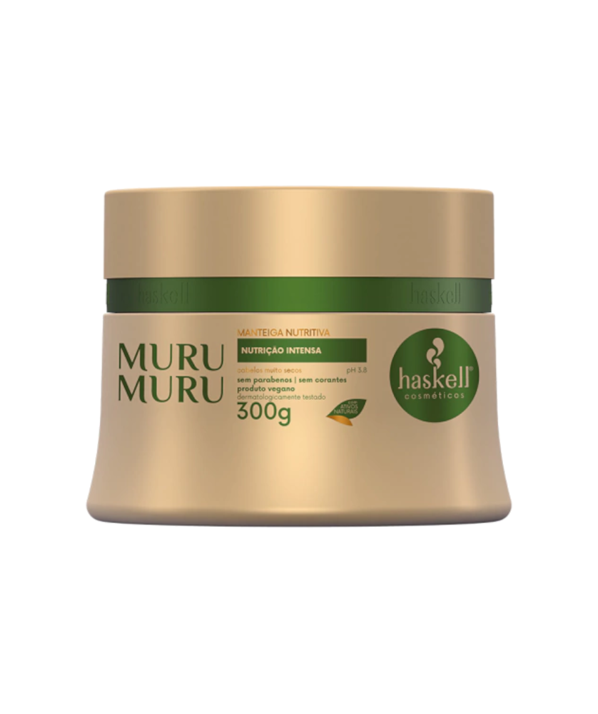Haskell Máscara Manteiga Nutritiva Murumuru 300g Creme hidratante Haskell Manteiga Nutritiva Murumuru embalagem dourada com tampa verde escura