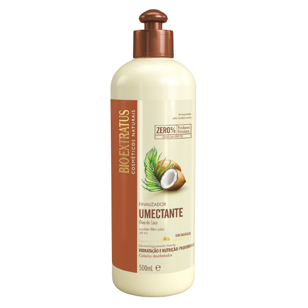 Bioextratus Umectante Finalizador 500grs Frasco creme umectante Biokytraus 500 ml com tampa castanha e imagem de coco