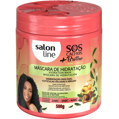 Máscara de hidratação para cabelo Salon Line SOS Cachos + Brilho com embalagem rosa e texto em português
