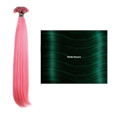 Extensão de cabelo rosa com amostra de cor verde escuro