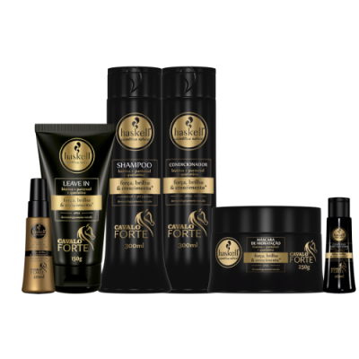 Conjunto de produtos capilares Haskell Cavalo Forte em embalagens pretas com texto dourado.