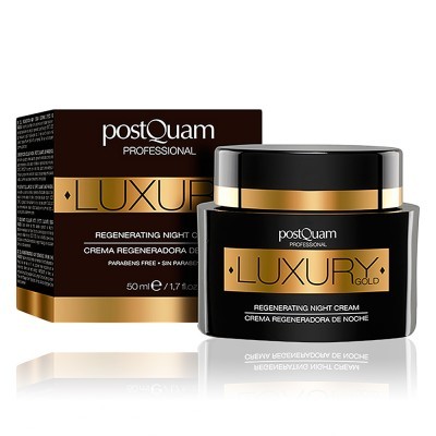 Creme regenerador de noite postQuam Luxury Gold em frasco preto com tampa dourada e embalagem a condizer