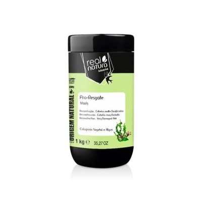 Frasco preto de máscara capilar Real Natura Pro-Resgate com etiqueta verde e texto
