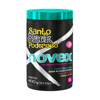 Frasco preto com tampa azul-turquesa de máscara capilar Novex Santo Black Poderoso