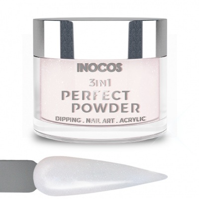 Frasco de pó para unhas INOCOS 3IN1 PERFECT POWDER branco perolado com tampa prateada