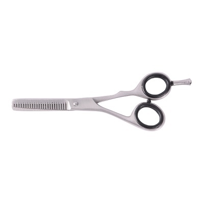 Tesoura de desbaste para cabelo em metal prateado com anéis pretos
