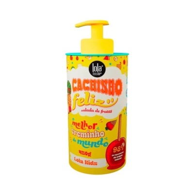 Frasco amarelo com tampa de bomba do produto Cachinho Feliz da Lola Kids com design colorido e texto em português