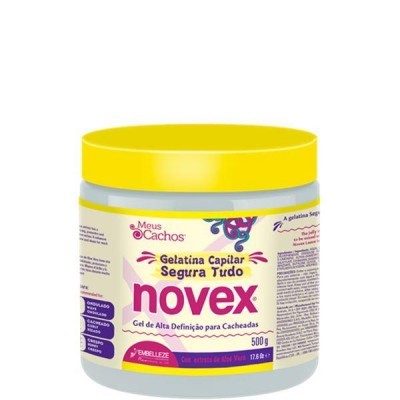 Frasco de gelatina capilar Novex Meus Cachos amarelo e roxo