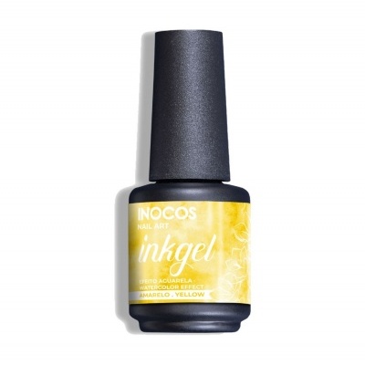 Frasco de verniz gel para unhas amarelo INOCOS com tampa preta
