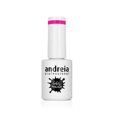 Frasco branco de verniz gel Andreia Professional com tampa branca e faixa rosa